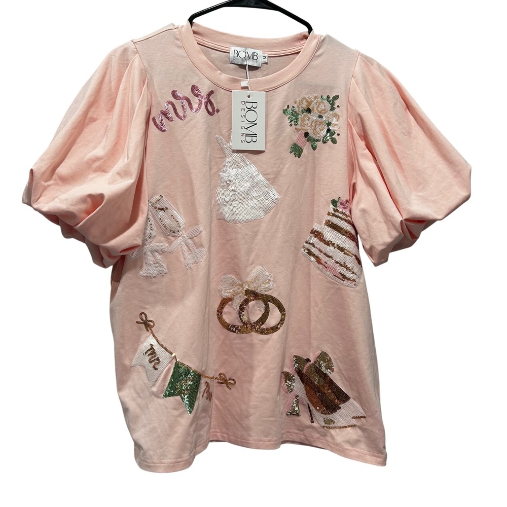 BOMB Designs Pink Sequin Bridal Mrs Puff Sleeve T-Shirt Wedding Bachelorette M - Picture 2 of 5